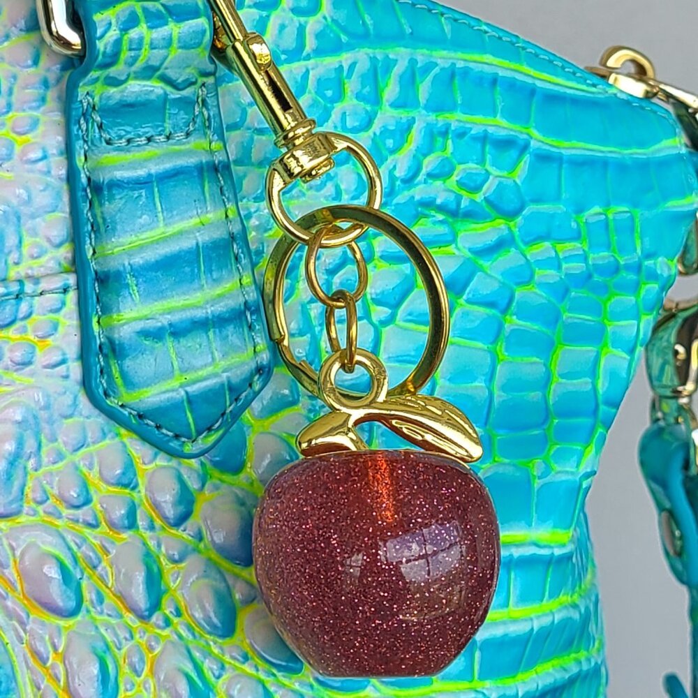 Red OR Pink Apple Purse Charm and Key Ring Gold Tone Hardware - Picture 6 of 11